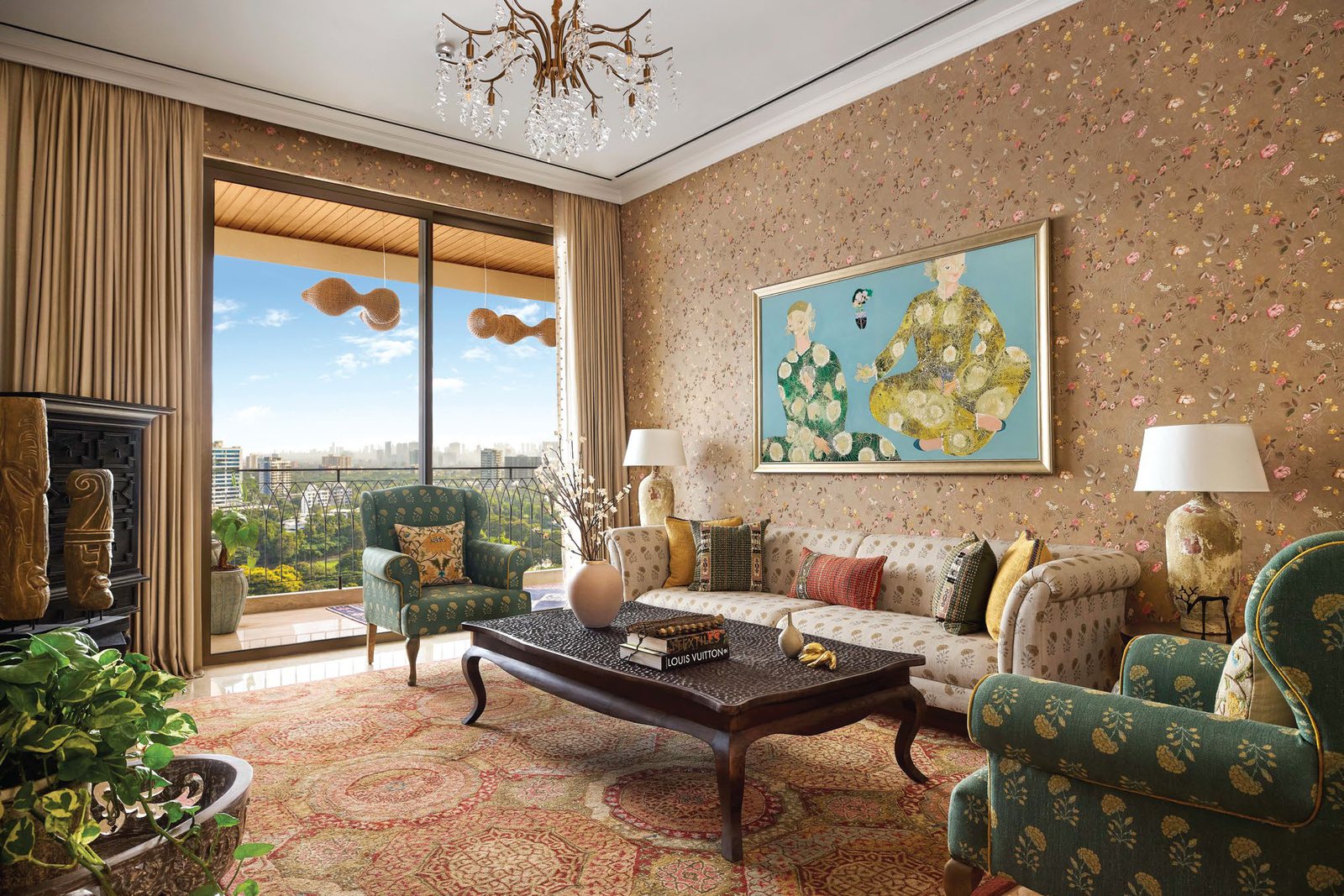 Maitri Park 3 BHK living room opening to a golf-view balcony